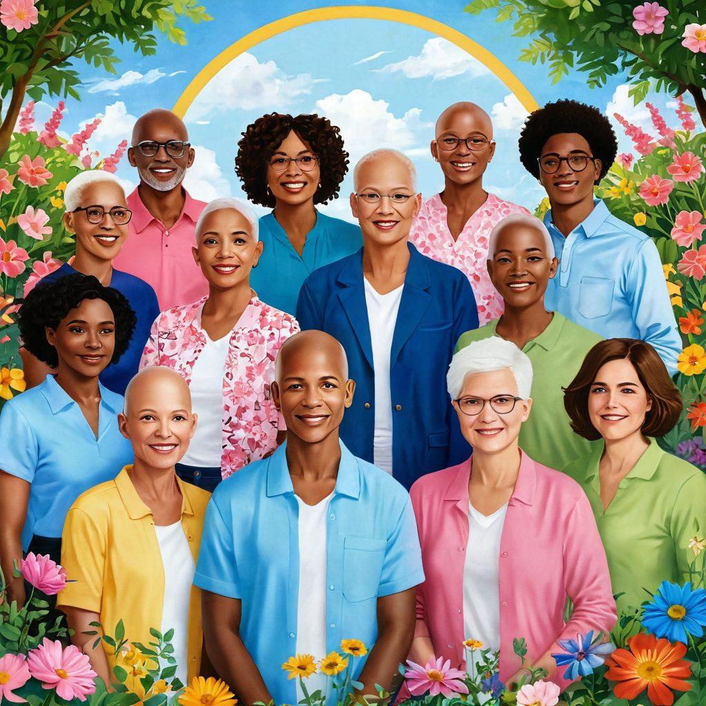 A vibrant illustration showcasing a diverse group of cancer survivors, each with an aura of strength and resilience. They stand together in a radiant garden, symbolizing growth and hope, surrounded by blooming flowers and sunlight. Each individual holds a unique symbol of empowerment, like a journal, a trophy, or art supplies. The background is a bright blue sky to convey positivity. super-realistic. vibrant colors.