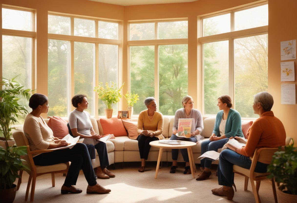 A soothing scene depicting a diverse group of individuals in a warm, supportive environment, engaging in a circle of discussion about cancer care, surrounded by educational materials like brochures and books. Include a backdrop of gentle nature elements like plants and soft sunlight filtering through windows to evoke hope and healing. Super-realistic. Warm colors. Soft focus.
