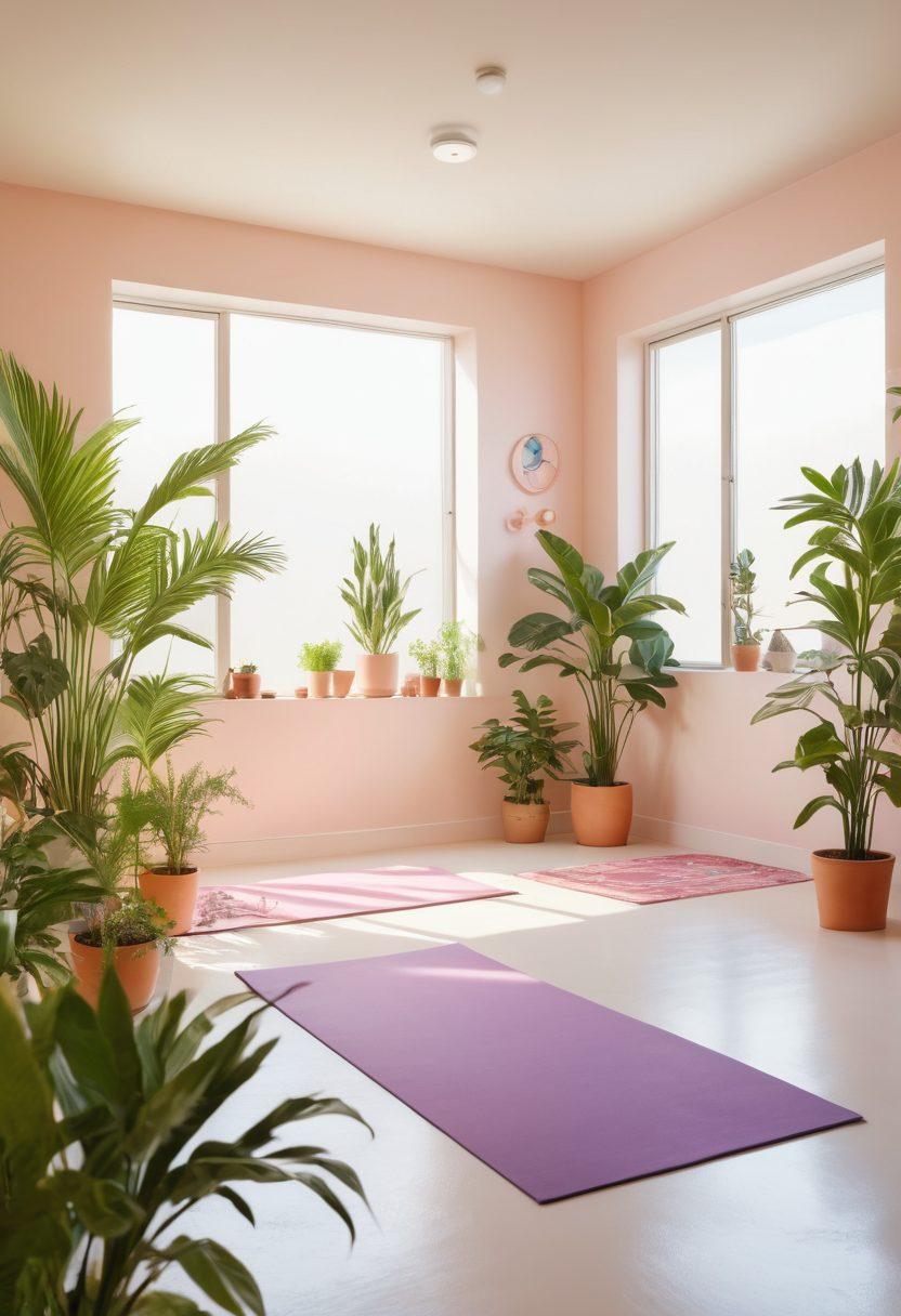 A serene and inviting wellness center filled with light, showcasing a diverse group of individuals engaging in various treatment options, like yoga, meditation, and nutritional workshops, with vibrant plants and healing symbols present. Include soft pastel colors and a peaceful atmosphere, embodying hope and support in cancer recovery. super-realistic. vibrant colors. white background.